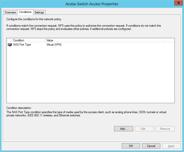 Connection Request Policy Conditions NAS Port Type Virtual VPN