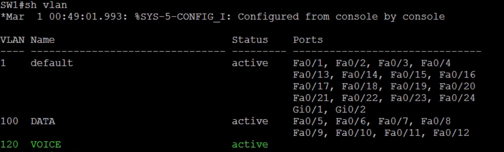 Verify VLAN by typing show vlan