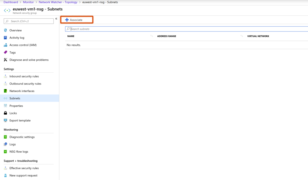 click on associate to select the subnet to connect the nsg to