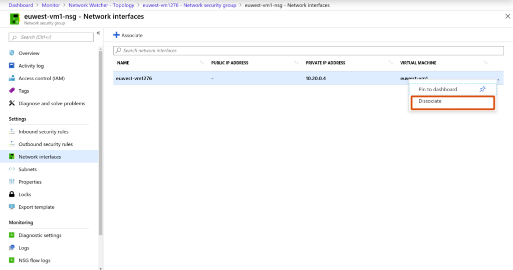 click on dissociate nsg from nic