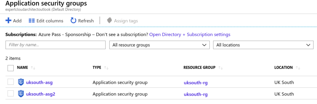 create application security group as destination for inbound port access