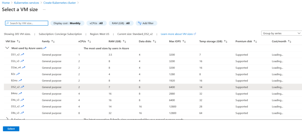 create a kubernetes cluster choose a vm size