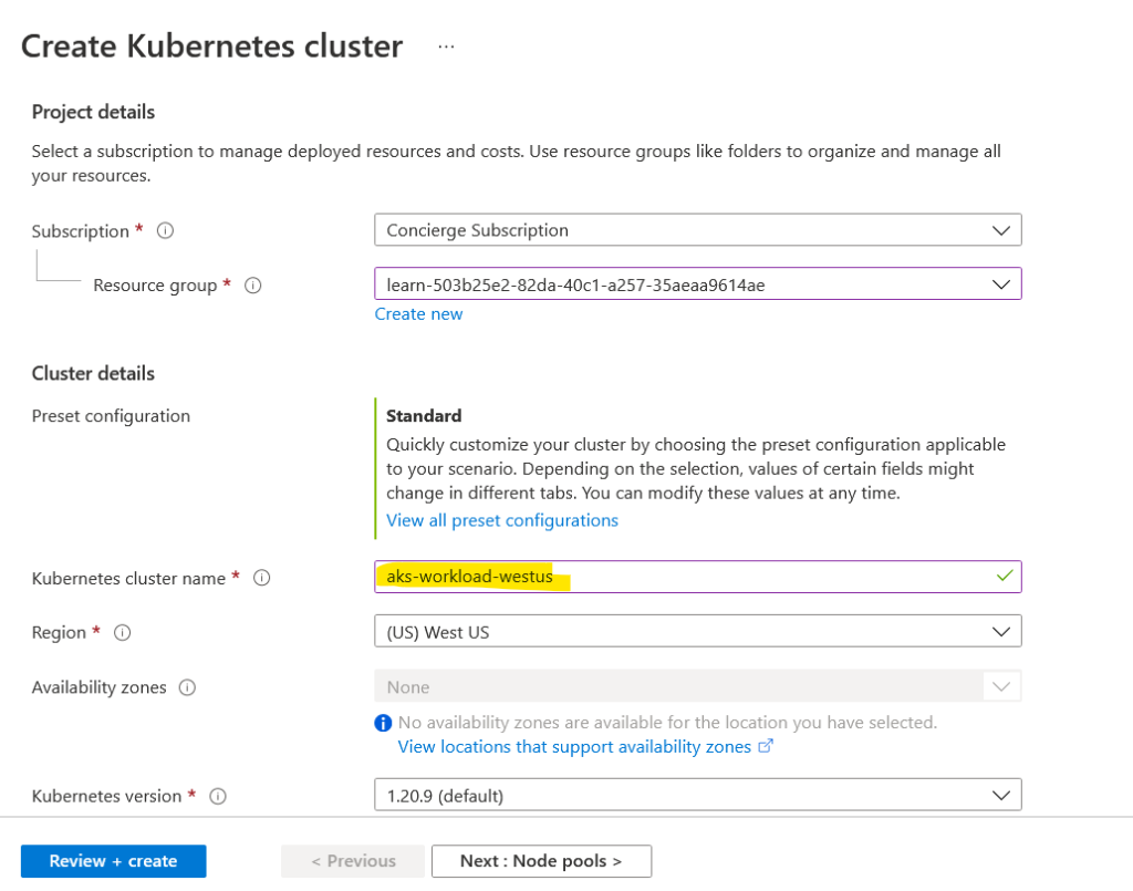 create a kubernetes cluster name