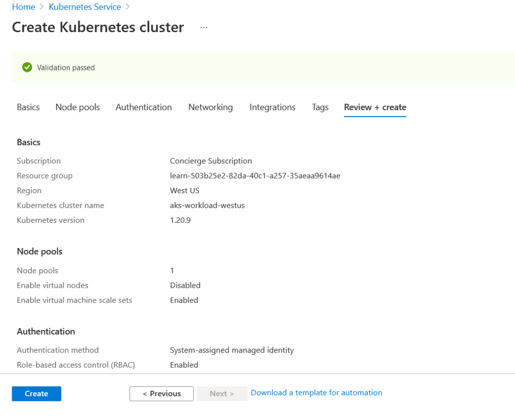 create a kubernetes cluster - validation passed