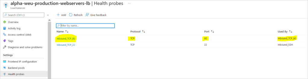 configure azure loadbalancer health probes