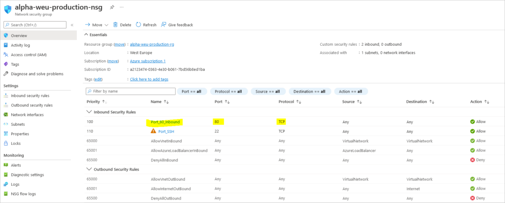 create network security group and inbound rule for http