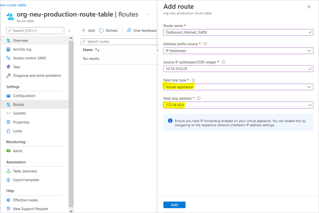 add route on route table for outbound traffic via nva on azure