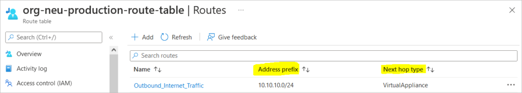 added route on route table for outbound traffic via nva on azure