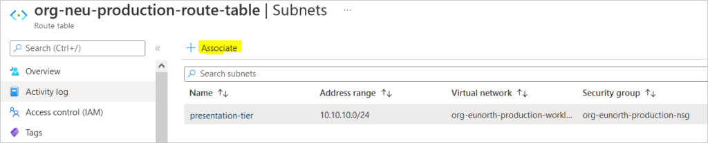 associate subnet to route table on azure