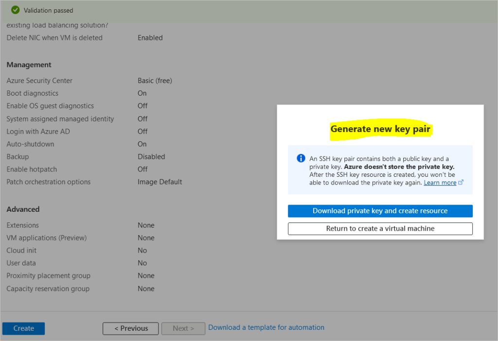 azure generates ssh keypair during vm creation in portal