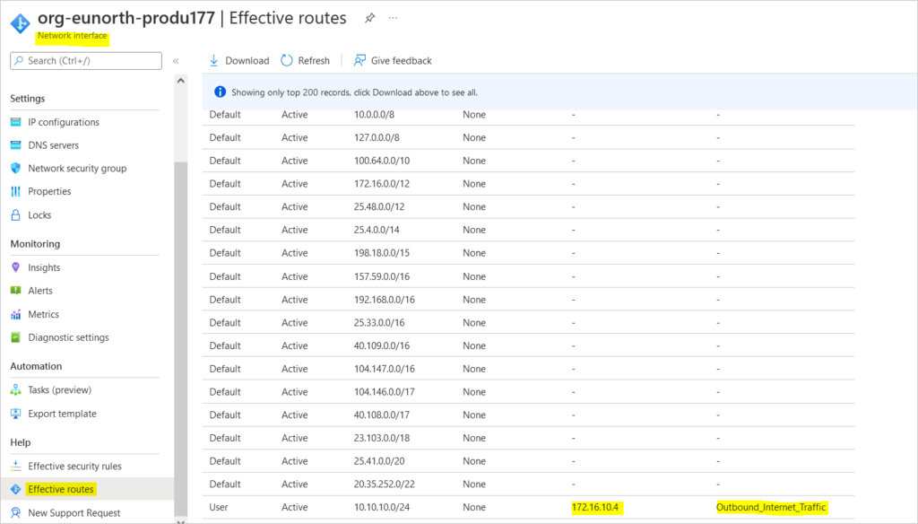 check effective routes on network interface towards the nva