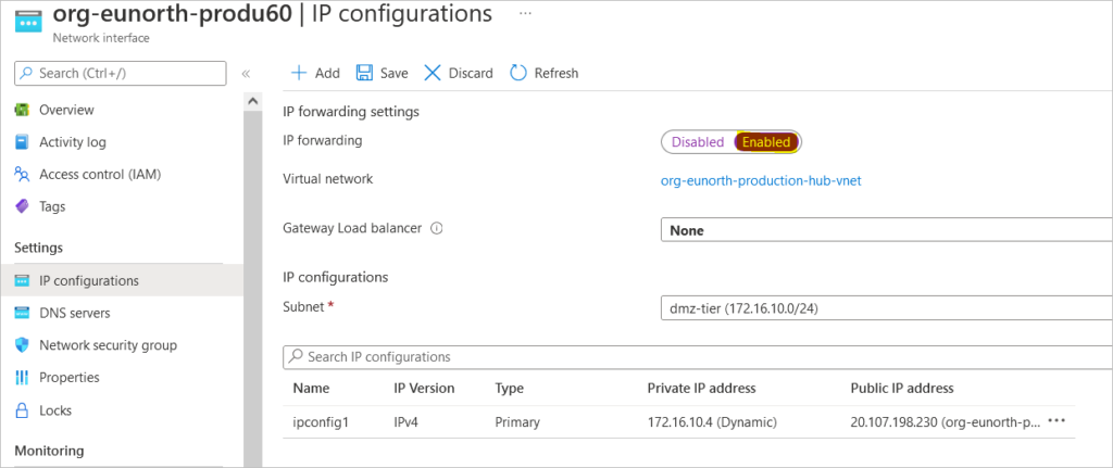 enable ip forwarding on azure virtual machine network interface