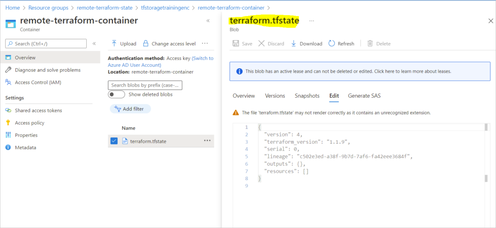 terraform.state file showing unpopulated state