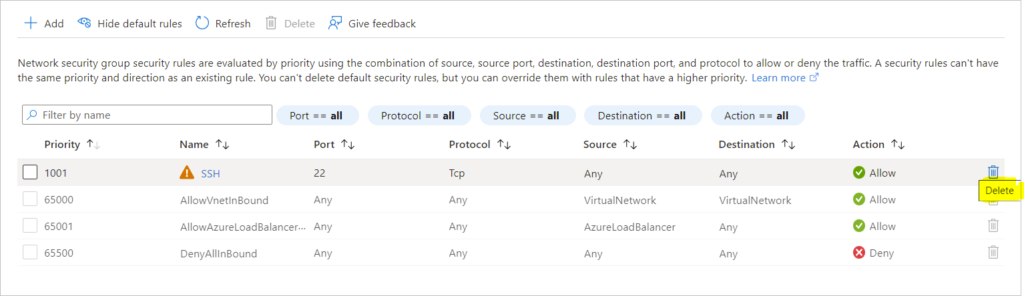 check inbound security rules and delete the offending ssh inbound rule