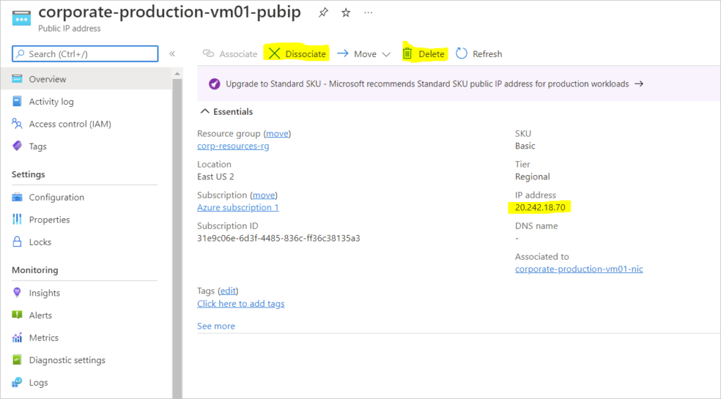 disassociate and delete the public ip attached to a virtual machine network interface