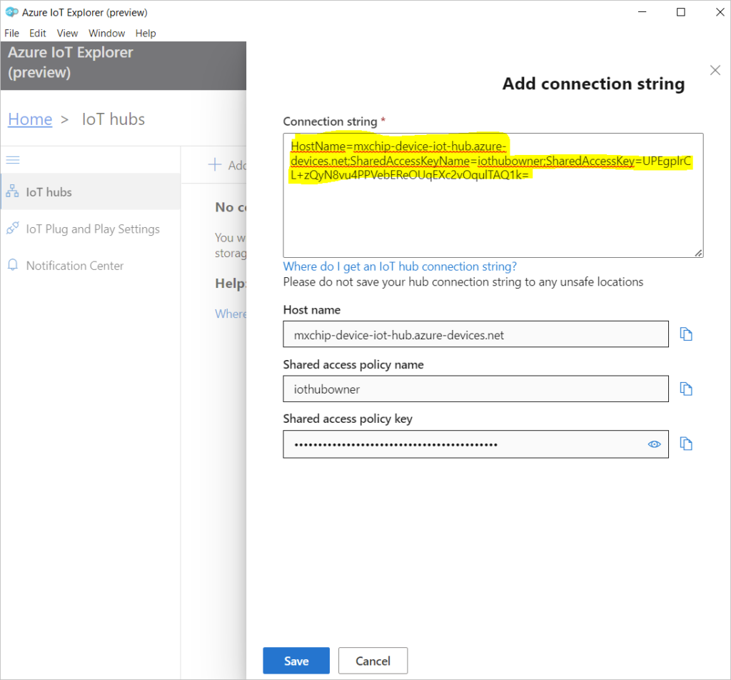 add connection string on azure iot explorer