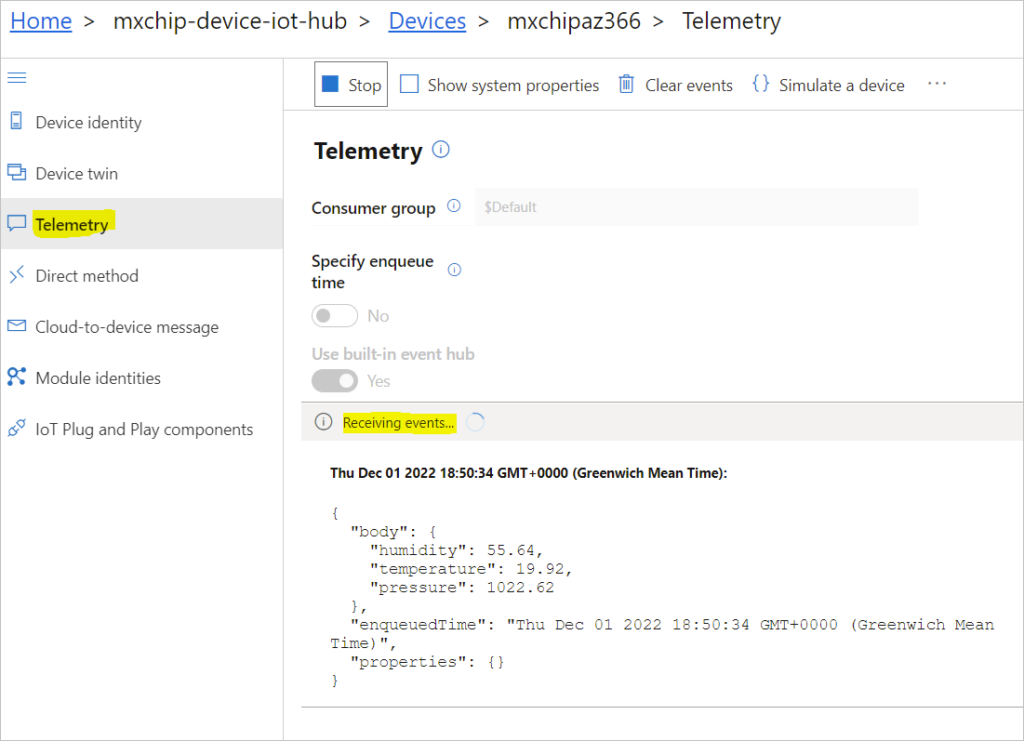 check telemetry for iot device