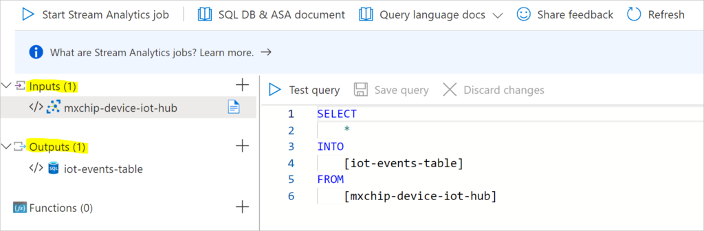 complete stream analytics job with input and output