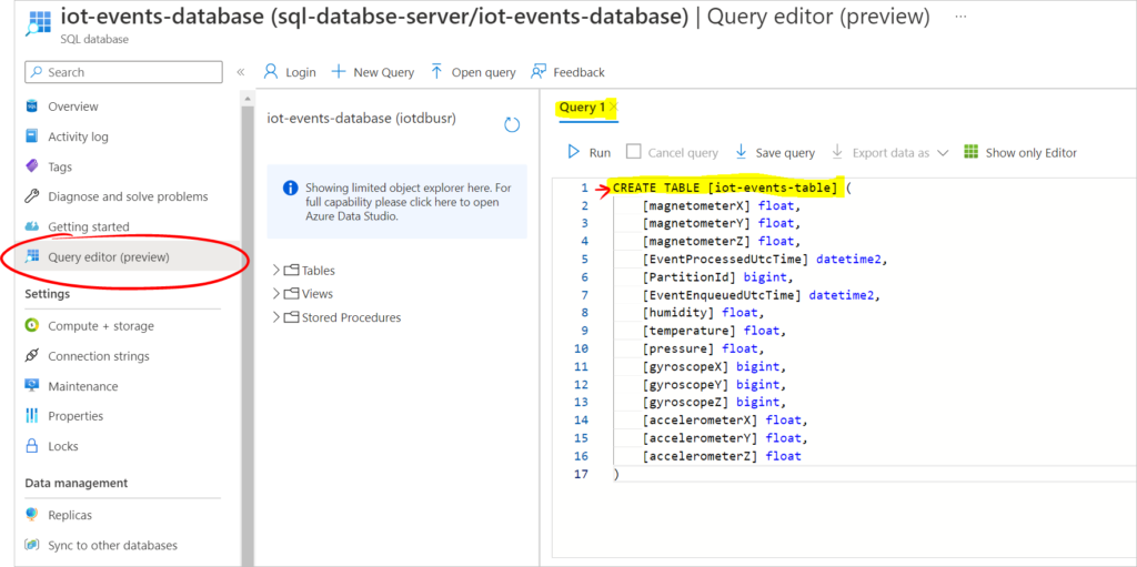 create table to capture the events using query editor