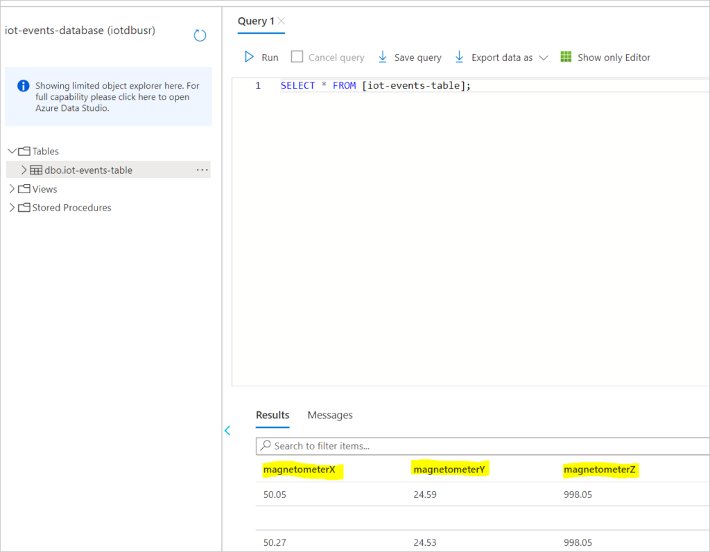 query database table for streamed events from iot