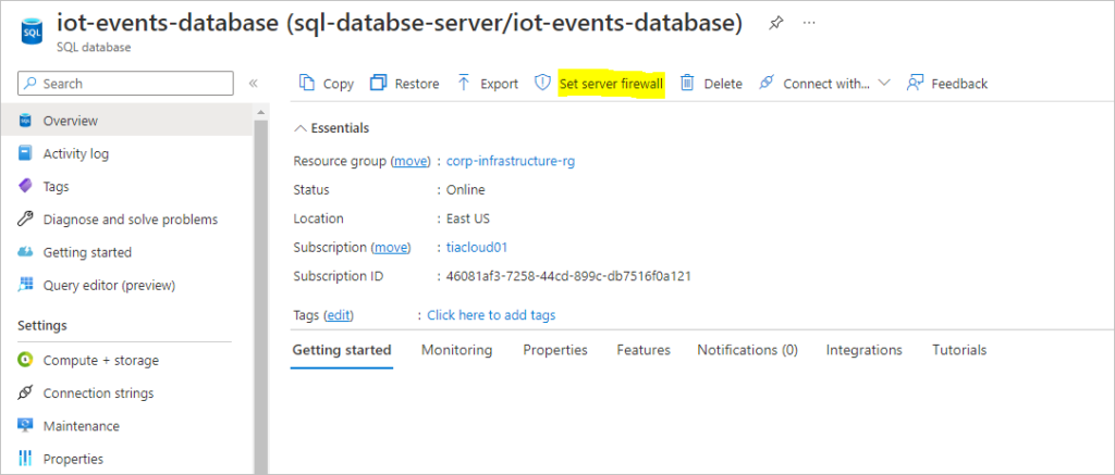 set server firewall for sql database